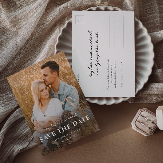 Carte Postale Faire-part Noms de script simple Photo de mariage