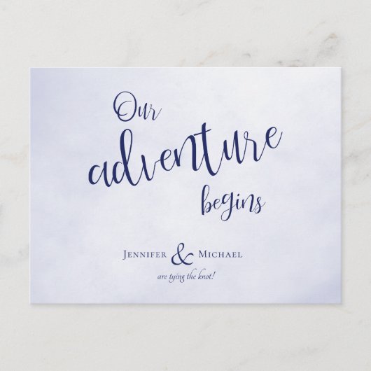 Carte Postale Faire-part Notre aventure commence mariage typographique bleu (Devant)