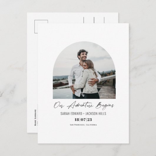 Carte Postale Faire-part Notre aventure commence, photo gravée enregistrer  (Devant / Derrière)