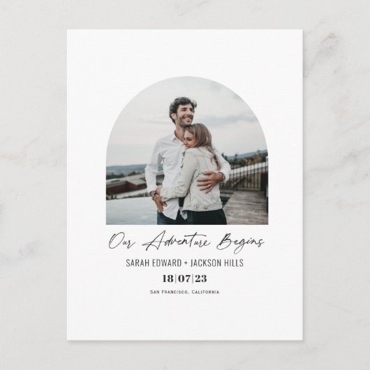 Carte Postale Faire-part Notre aventure commence, photo gravée enregistrer  (Devant)