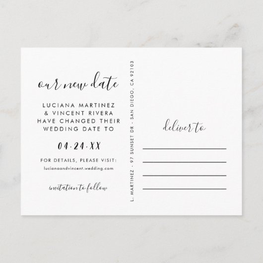 Carte Postale Faire-part Notre nouvelle date manuscrite script Mariage phot (Dos)