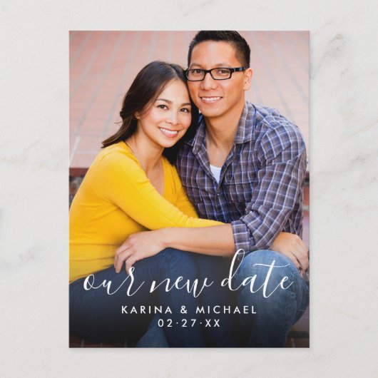 Carte Postale Faire-part Notre nouvelle date manuscrite script Mariage phot (Devant)