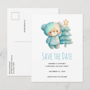 Carte Postale Faire-part Nounours mignon et sapin de Noël