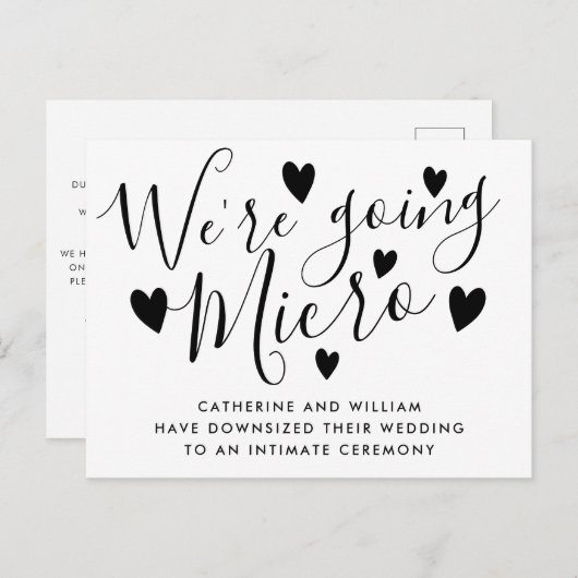 Carte Postale Faire-part Nous allons faire un micro mariage Script Hearts (Devant / Derrière)