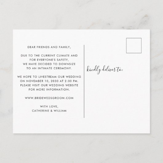 Carte Postale Faire-part Nous allons faire un micro mariage Script Hearts (Dos)