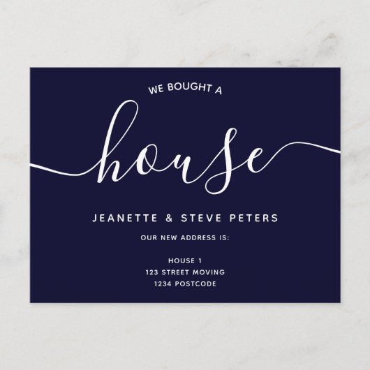 Carte Postale Faire-part Nous avons acheté une maison bleu marine simple éc (Devant)