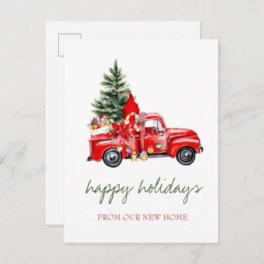 Carte Postale Faire-part Nous Avons Déménagé, Camion Rouge, Pine Tree Gnome (Devant / Derrière)