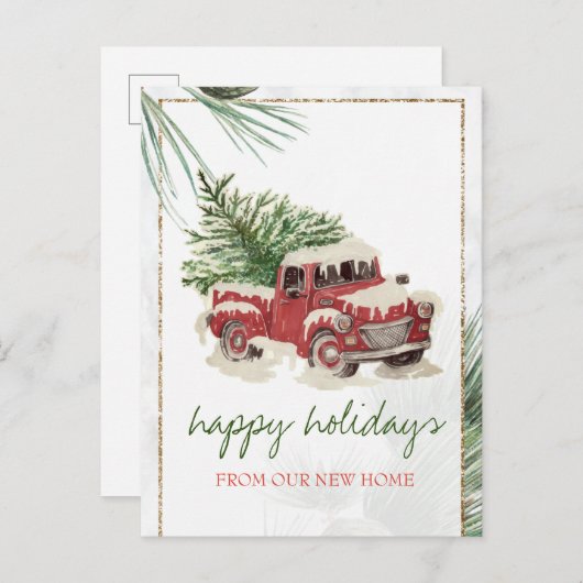 Carte Postale Faire-part Nous Avons Déménagé, Camion Rouge, Pine Tree Snow (Devant / Derrière)