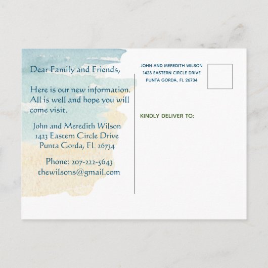 Carte Postale Faire-part Nous avons déménagé Chaises de plage océan budget  (Dos)