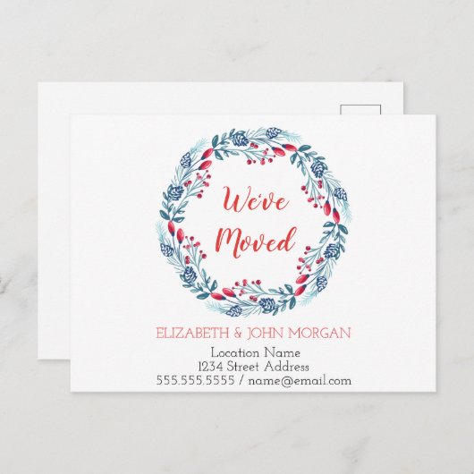 Carte Postale Faire-part Nous avons déménagé, Couronne de Noël bleue, Nouve (Devant / Derrière)