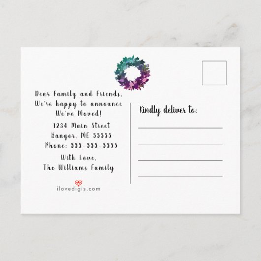 Carte Postale Faire-part Nous avons déménagé Couronne rustique Teal Violet  (Dos)