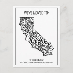 Carte Postale Faire-part Nous avons déménagé Floral Mandala California Stat