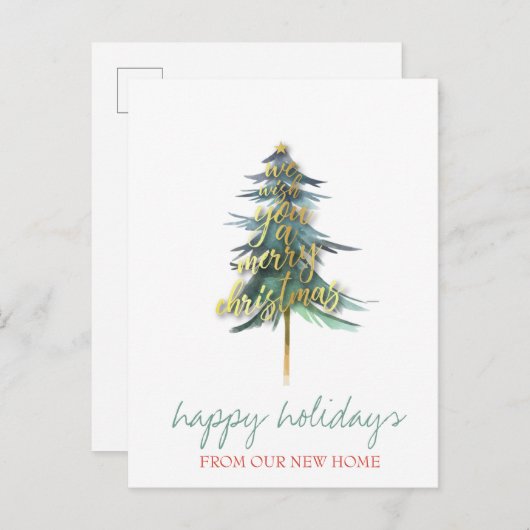 Carte Postale Faire-part Nous Avons Déménagé, Gold Noël Pine Tree vacances (Devant / Derrière)