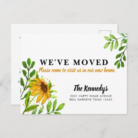 Carte Postale Faire-part Nous avons déménagé Nouvelle Maison Fleurs Jaunes (Devant / Derrière)