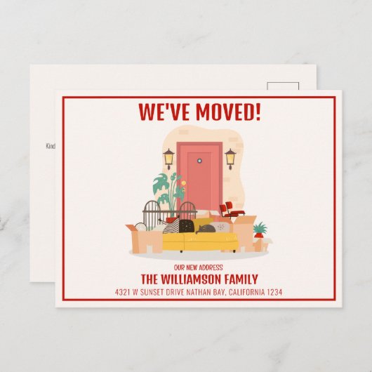 Carte Postale Faire-part Nous avons déménagé Porte d'entrée rouge Chouette (Devant / Derrière)