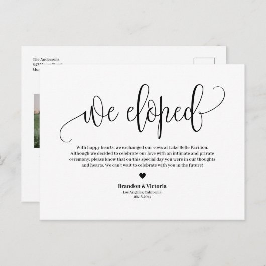 Carte Postale Faire-part Nous Avons Été | Black Joty Script Mariage Elopeme (Devant / Derrière)