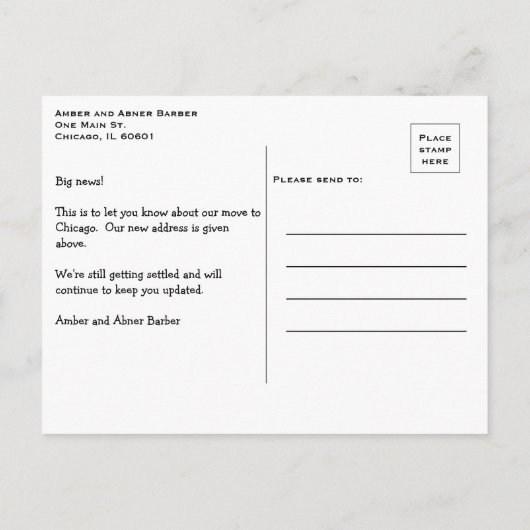 Carte Postale Faire-part Nous déménageons à Chicago Vos mots et photo (Dos)