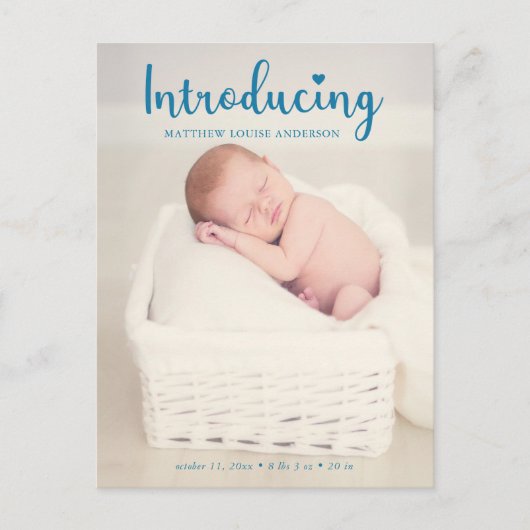 Carte Postale Faire-part Nouveau bébé garçon présentant une photo moderne é (Devant)