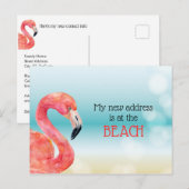 Carte Postale Faire-part Nouvelle adresse Flamant rose rose sur Bokeh Beach (Devant / Derrière)