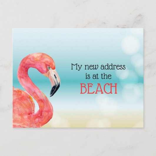 Carte Postale Faire-part Nouvelle adresse Flamant rose rose sur Bokeh Beach (Devant)