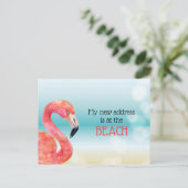 Carte Postale Faire-part Nouvelle adresse Flamant rose rose sur Bokeh Beach (Debout devant)