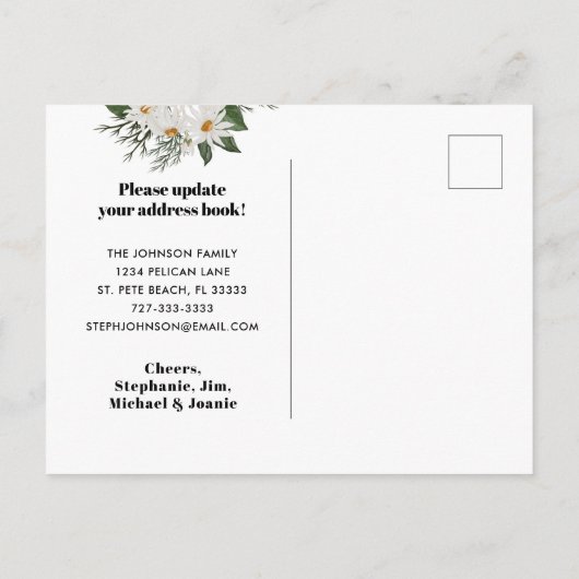 Carte Postale Faire-part Nouvelle Adresse Fleurs de Daisy Vert Blanc Déména (Dos)