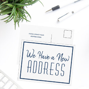Carte Postale Faire-part Nouvelle Adresse Minimaliste Bleu Nuit Blanc Chic