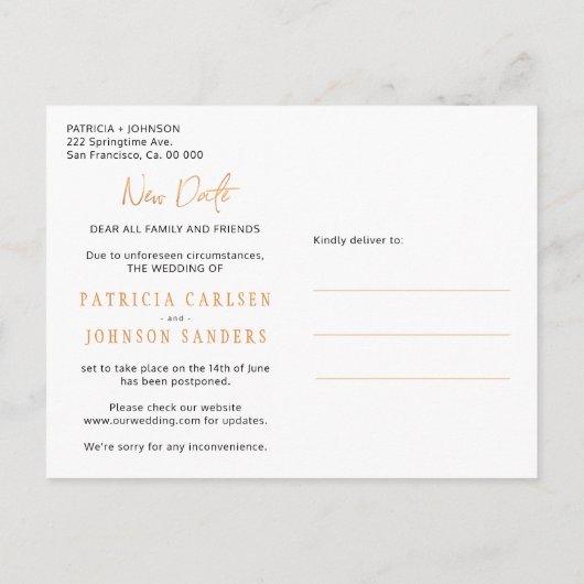 Carte Postale Faire-part Nouvelle date Changement mariage des plans report (Dos)