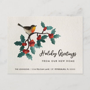 Carte Postale Faire-part Nouvelle Maison Joli Oiseau Baies de Noël Déménage