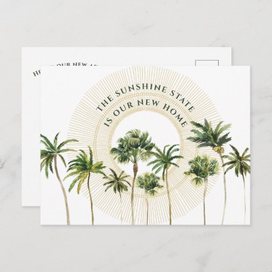 Carte Postale Faire-part Nouvelle Maison Palmiers Or Soleil État Ensoleillé (Devant / Derrière)