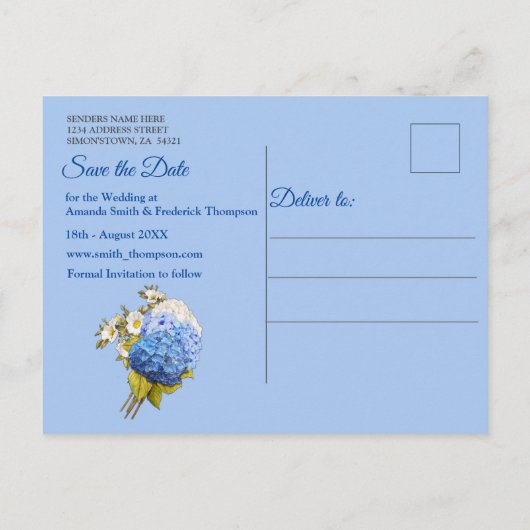 Carte Postale Faire-part Nuances / Bleu aquarelle Hydrangeas Enregistrer le (Dos)