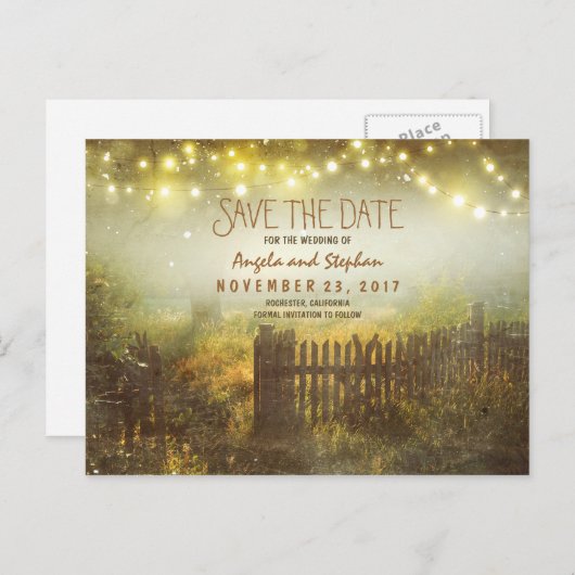 Carte Postale Faire-part nuit romantique lumières rustique enregistrer la d (Devant / Derrière)