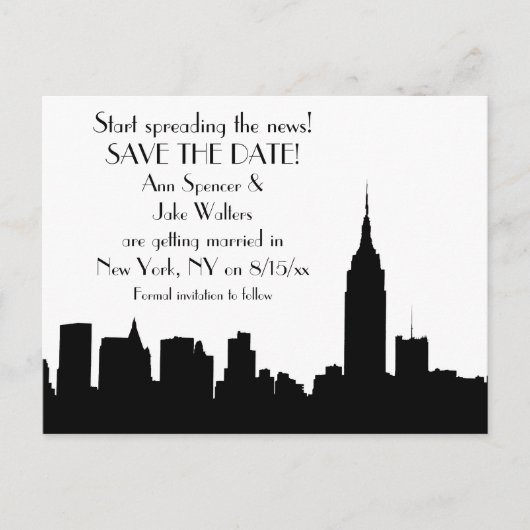 Carte Postale Faire-part NYC Black Skyline Silhouette Enregistrer la date (Devant)