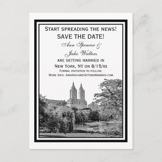 Carte Postale Faire-part NYC Central Park Lac San Remo Gravé SQ Save the Da (Devant)