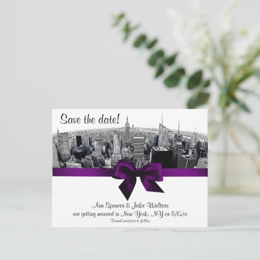 Carte Postale Faire-part NYC Etched Fisheye Skyline BW Purple Enregistrer l (Debout devant)