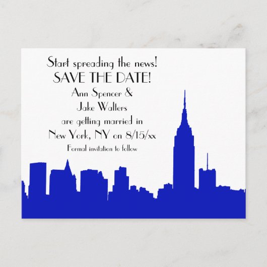 Carte Postale Faire-part NYC Royal Blue Skyline Silhouette Enregistrer la d (Devant)