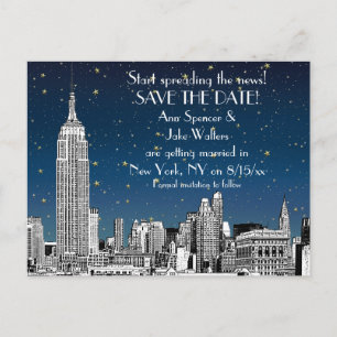 Carte Postale Faire-part NYC Skyline 01 Etched Blue Starry Enregistrer la d