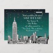 Carte Postale Faire-part NYC Skyline 01 Etched Turquoise Starry Enregistrer (Devant / Derrière)