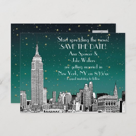 Carte Postale Faire-part NYC Skyline 01 Etched Turquoise Starry Enregistrer (Devant / Derrière)