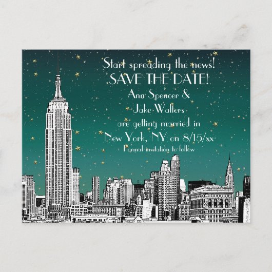 Carte Postale Faire-part NYC Skyline 01 Etched Turquoise Starry Enregistrer (Devant)