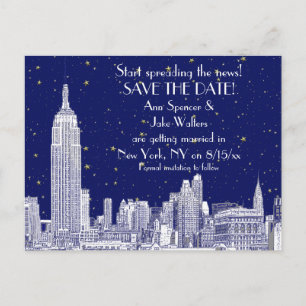 Carte Postale Faire-part NYC Skyline 01 Gravé Fond Étoilé DIY Enregistrer l