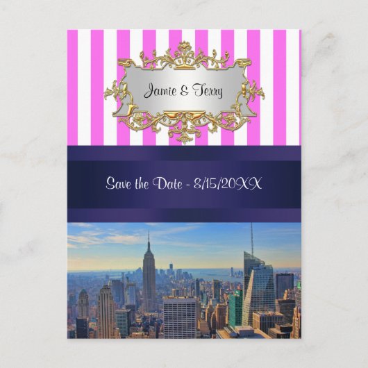Carte Postale Faire-part NYC Skyline B2 Rose White Stripe Enregistrer la da (Devant)