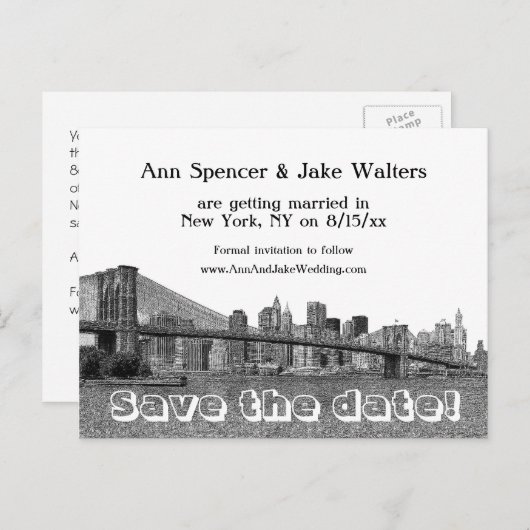 Carte Postale Faire-part NYC Skyline Bklyn Bridge gravé Enregistrer la date (Devant / Derrière)