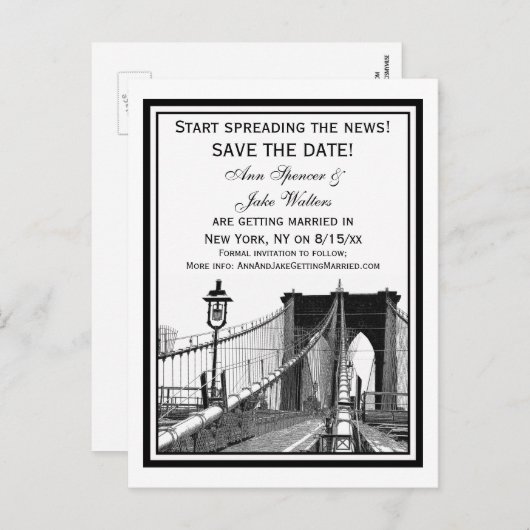 Carte Postale Faire-part NYC Skyline Brooklyn Bridge #2 Enregistrer la date (Devant / Derrière)