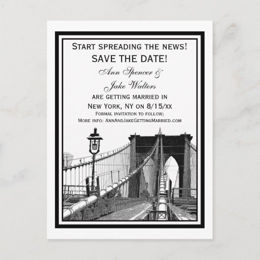Carte Postale Faire-part NYC Skyline Brooklyn Bridge #2 Enregistrer la date (Devant)