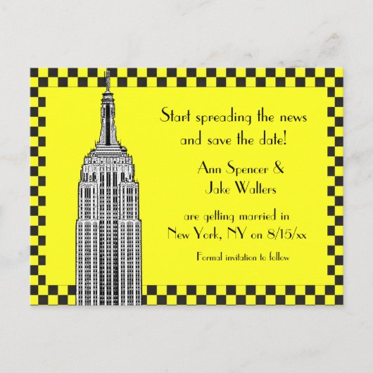Carte Postale Faire-part NYC Skyline Etched ESB Checkrd Taxi Date d'enregis (Devant)