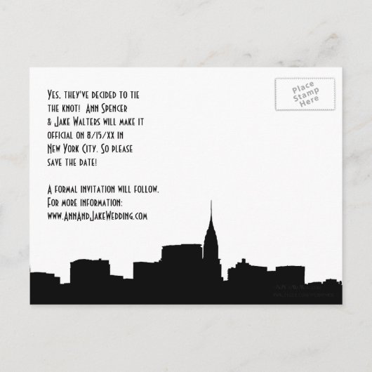 Carte Postale Faire-part NYC Wide Chrysler 01B Silhouette Enregistrer la da (Dos)