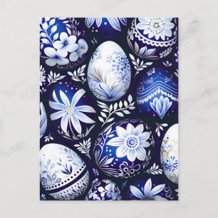 Carte Postale Faire-part Œuf de Pâques floral de printemps bleu scandinave