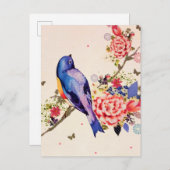 Carte Postale Faire-part Oiseau bleu or Parties scintillant à papillon flor (Devant / Derrière)