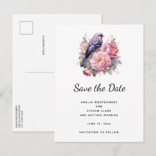 Carte Postale Faire-part Oiseau chanteur perché sur des pivoines roses mari